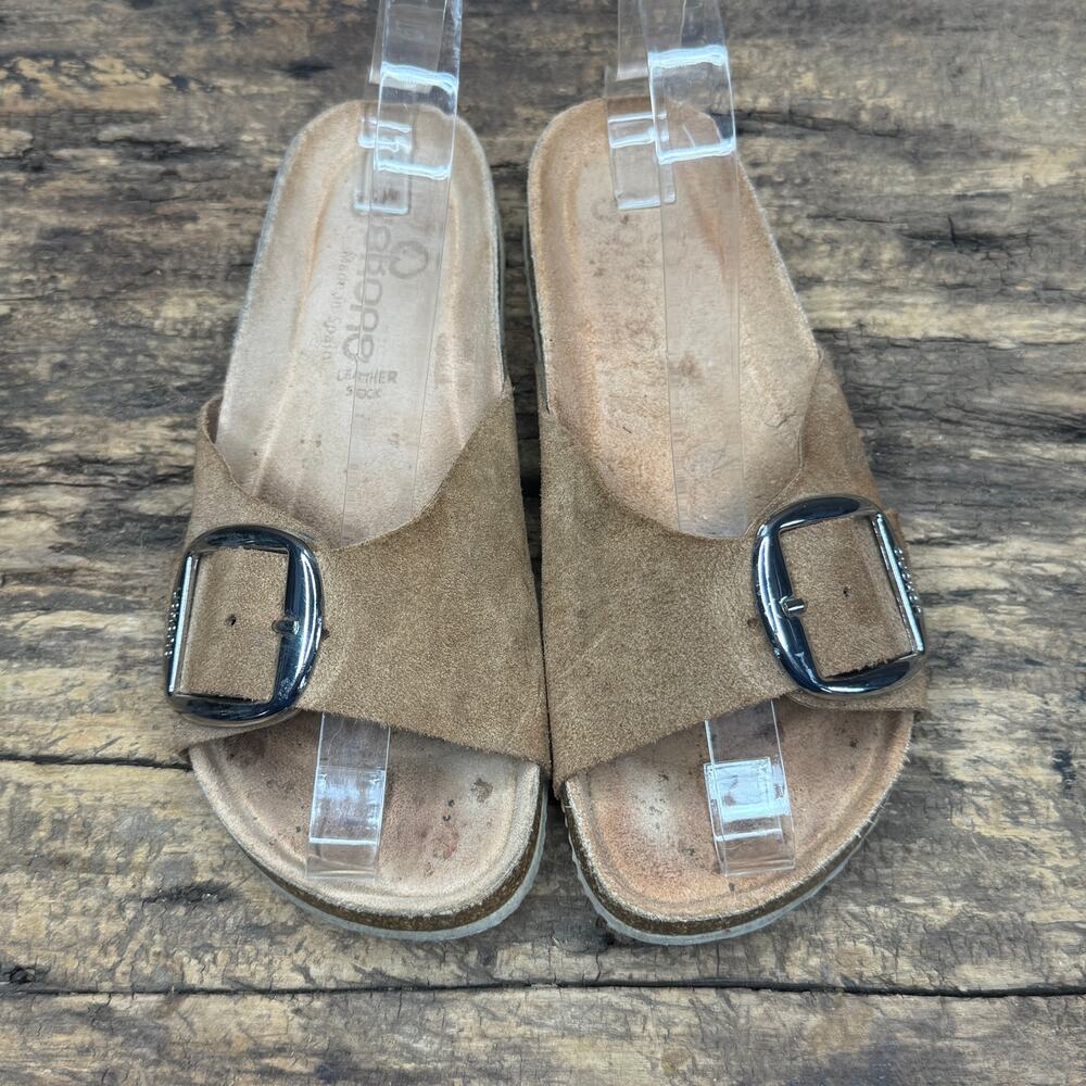 Yokono Brown Suede Leather Slide Sandals Women’s 6.5 Made in Spain Buckle